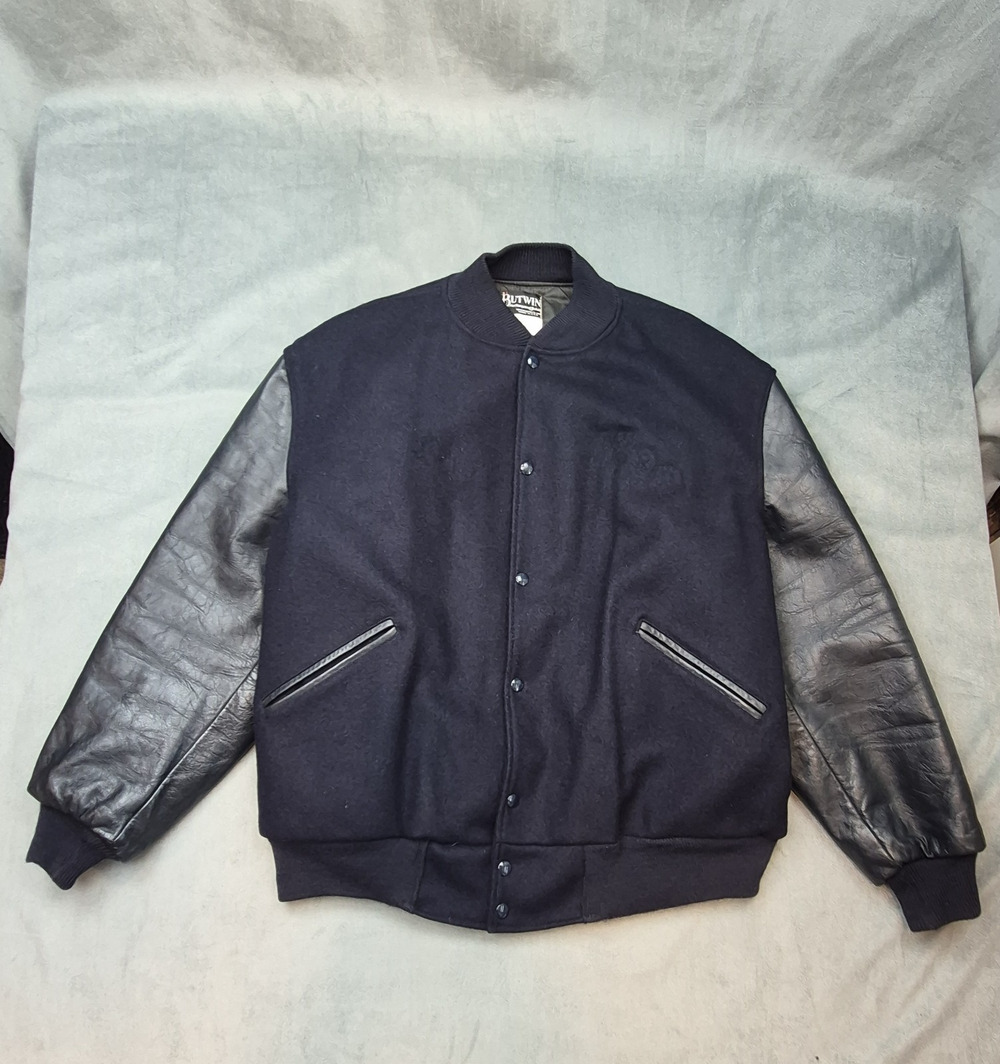Vintage 80s Butwin Varsity Jacket Mens XL Navy Blue Wool Leather Bomber